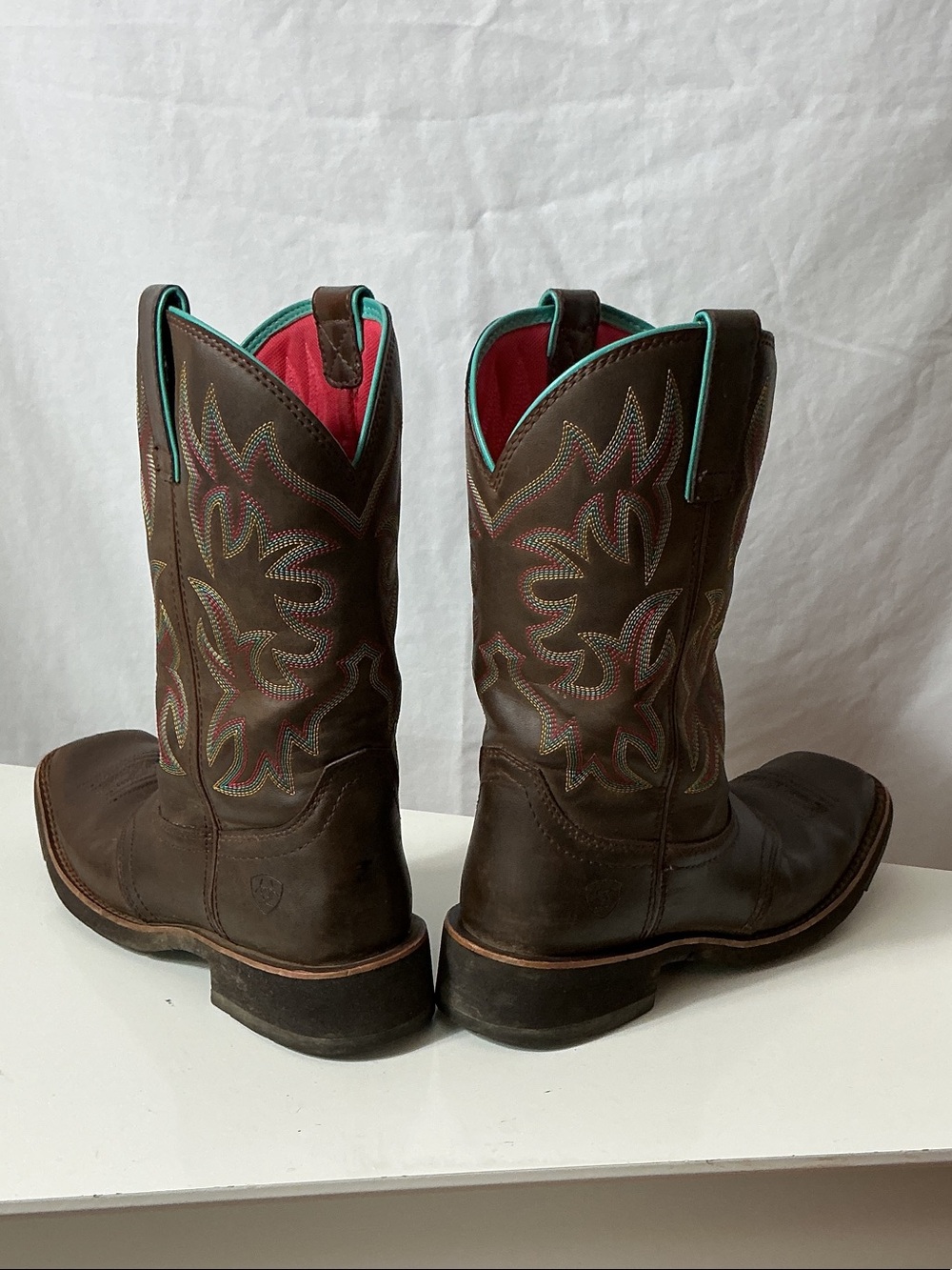 Ariat Brown Leather Western Boots with Turquoise Trim and Red Lining - Picture 7 of 12